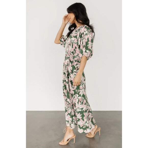 Baltic Born Tucson Midi Dress Floral Puff Sleeve Wedding Green Pink Small - Picture 4 of 16